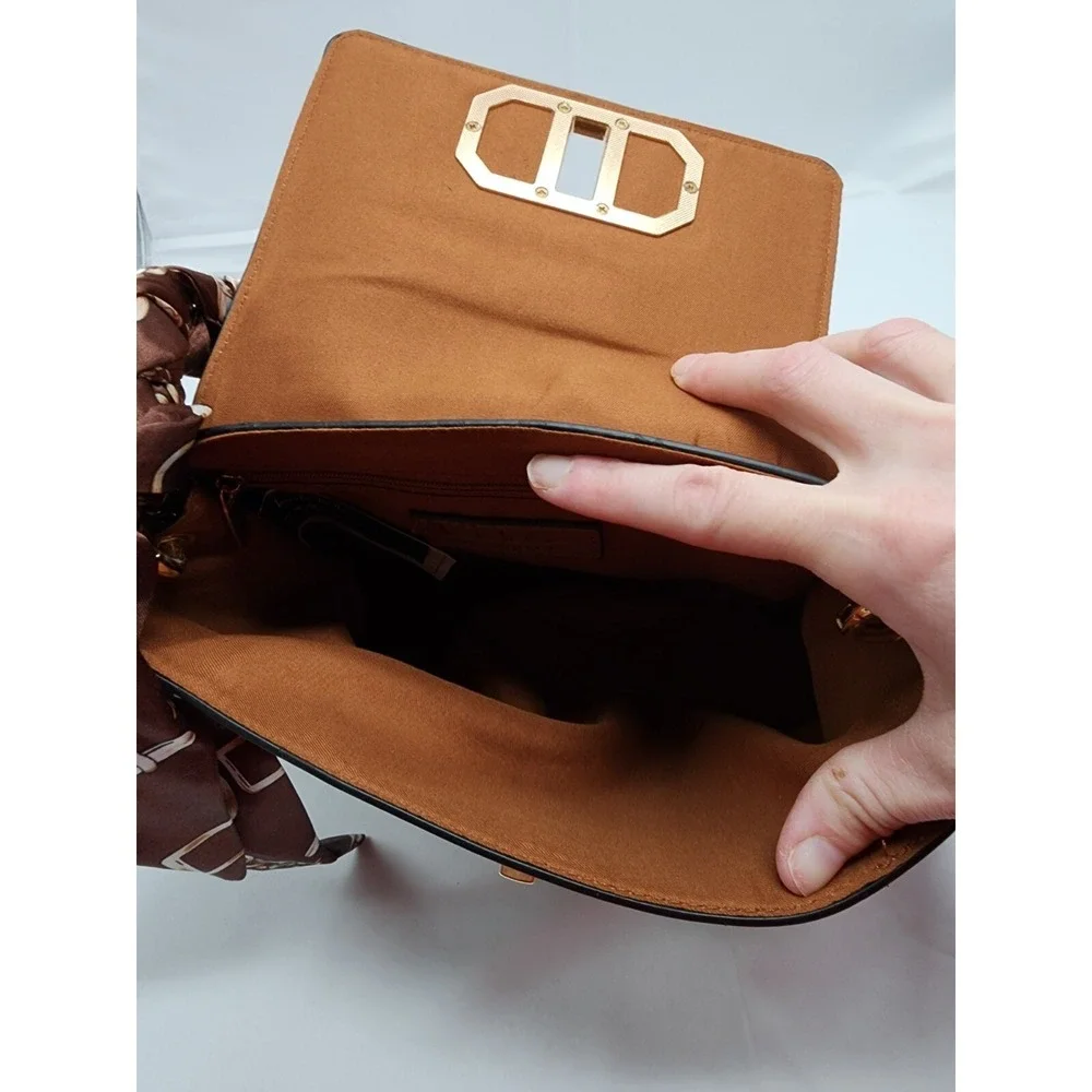 NWT Nicole Miller New York Womens Leather Shoulder Bag Tan Scarf Accent Medium